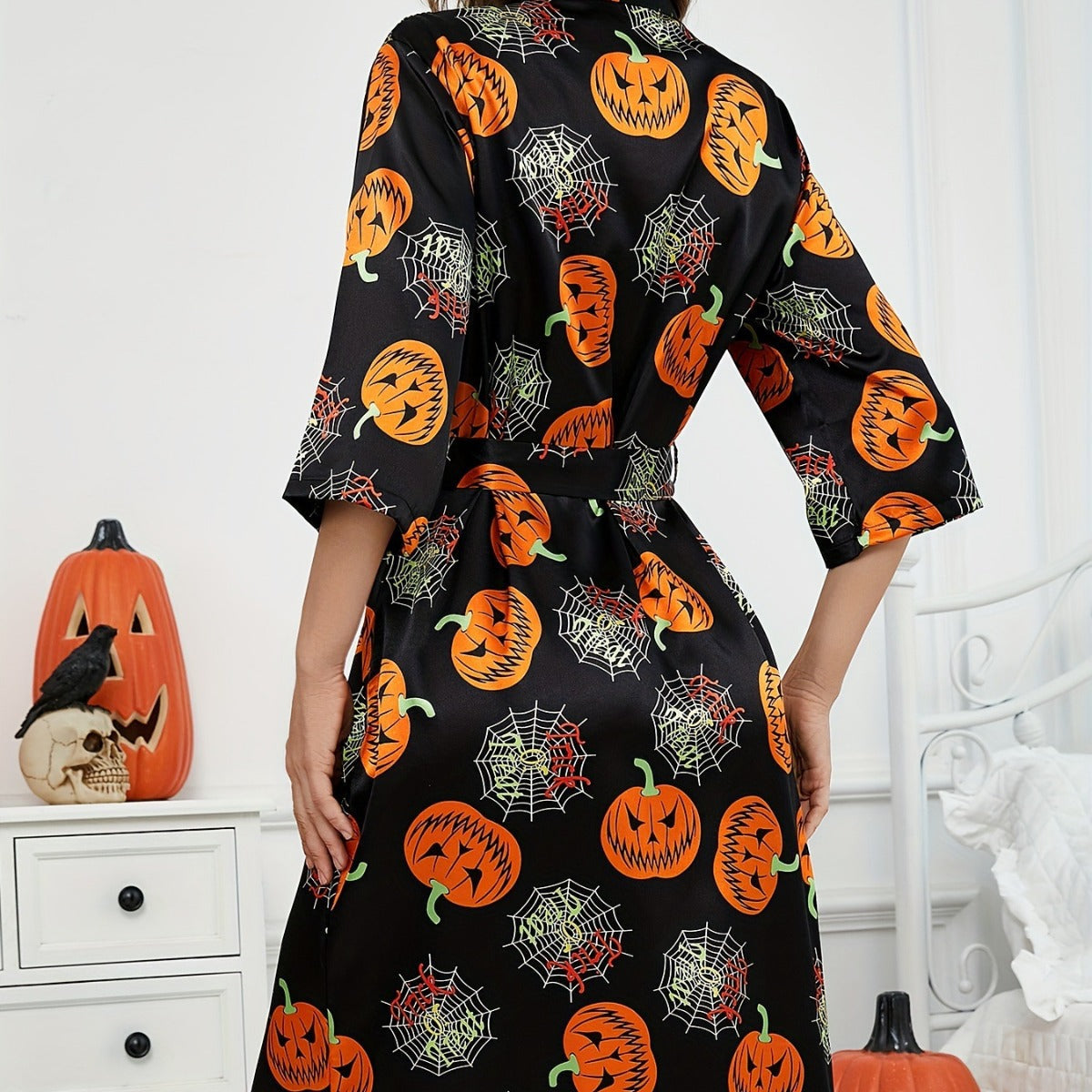 Dames Satijnen Halloween Kostuum Robe | Pompoenprint Met Ceintuur