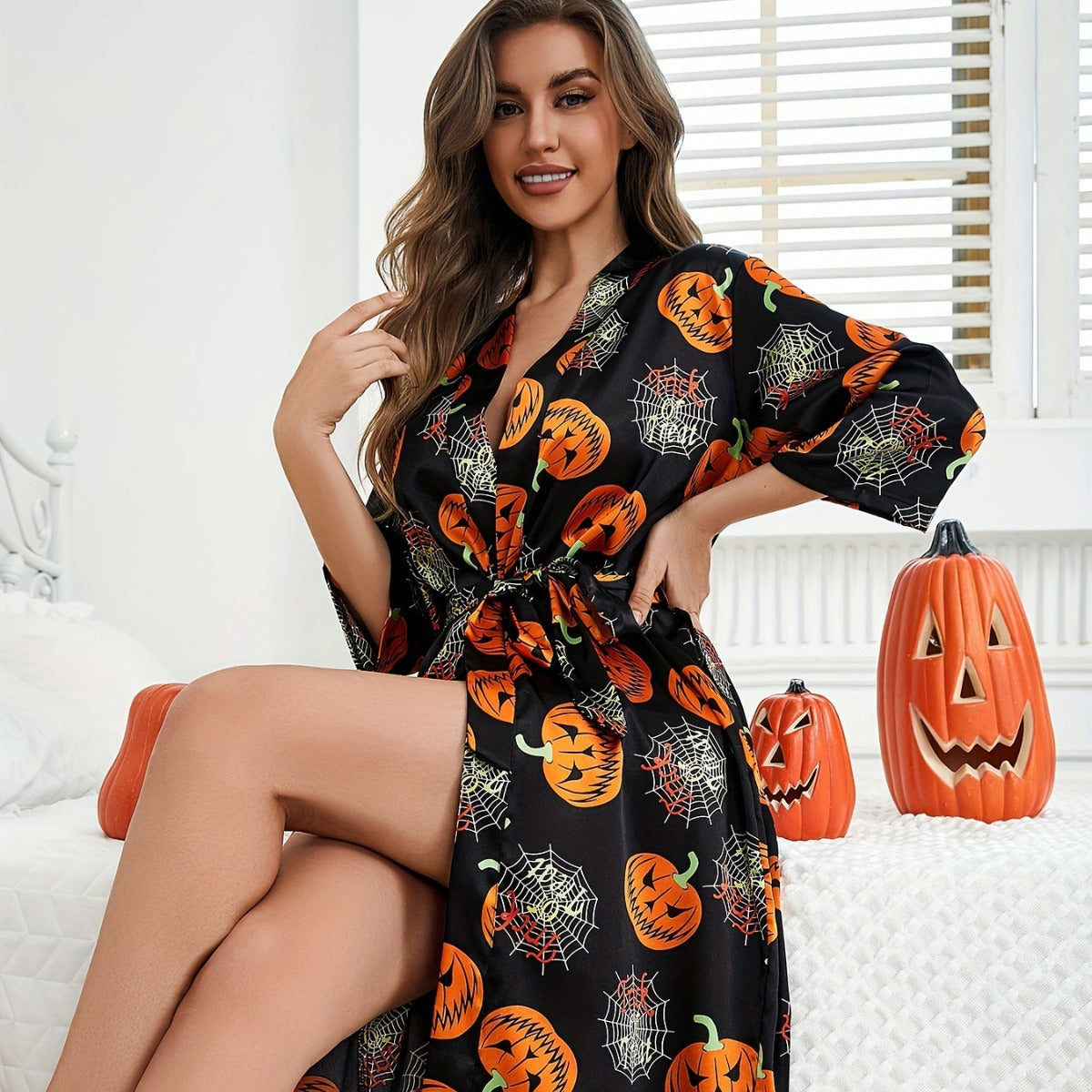 Dames Satijnen Halloween Kostuum Robe | Pompoenprint Met Ceintuur