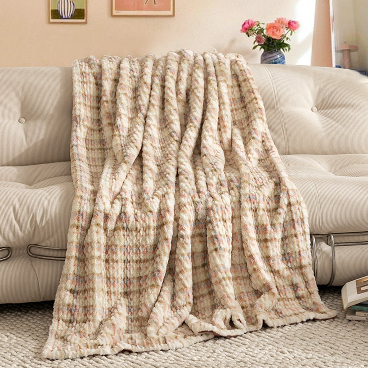Luxe Faux Fur Plaid met Golvende Textuur – Zachte Bontdeken met Microvezel Achterkant
