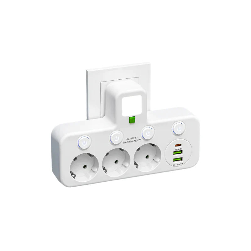 Meervoudige stekkerdoos VOLTRIQ ProLine | 3–4 aansluitingen + 2× USB & 1× Type-C | 2500 W | Overspanningsbeveiliging & controle schakelaar