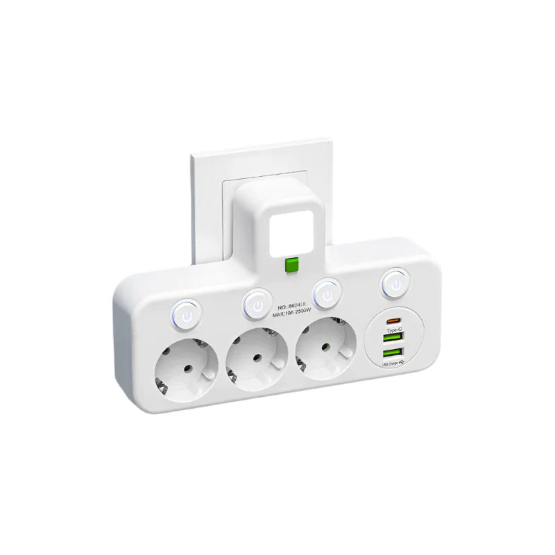 Meerdere stekkerdozen VOLTRIQ ProLine | 3–4 aansluitingen + 2× USB & 1× Type-C | 2500 W | Overspanningsbeveiliging & controle schakelaar