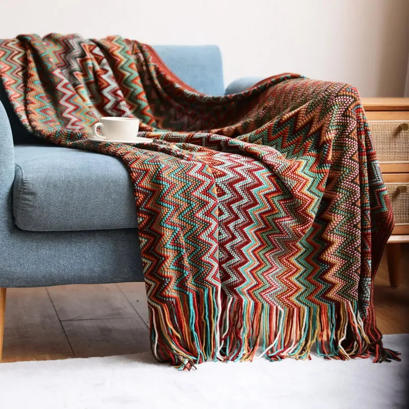 Boho Plaid met Franjes – Zachte Deken met Geometrisch Patroon in Warme Kleuren