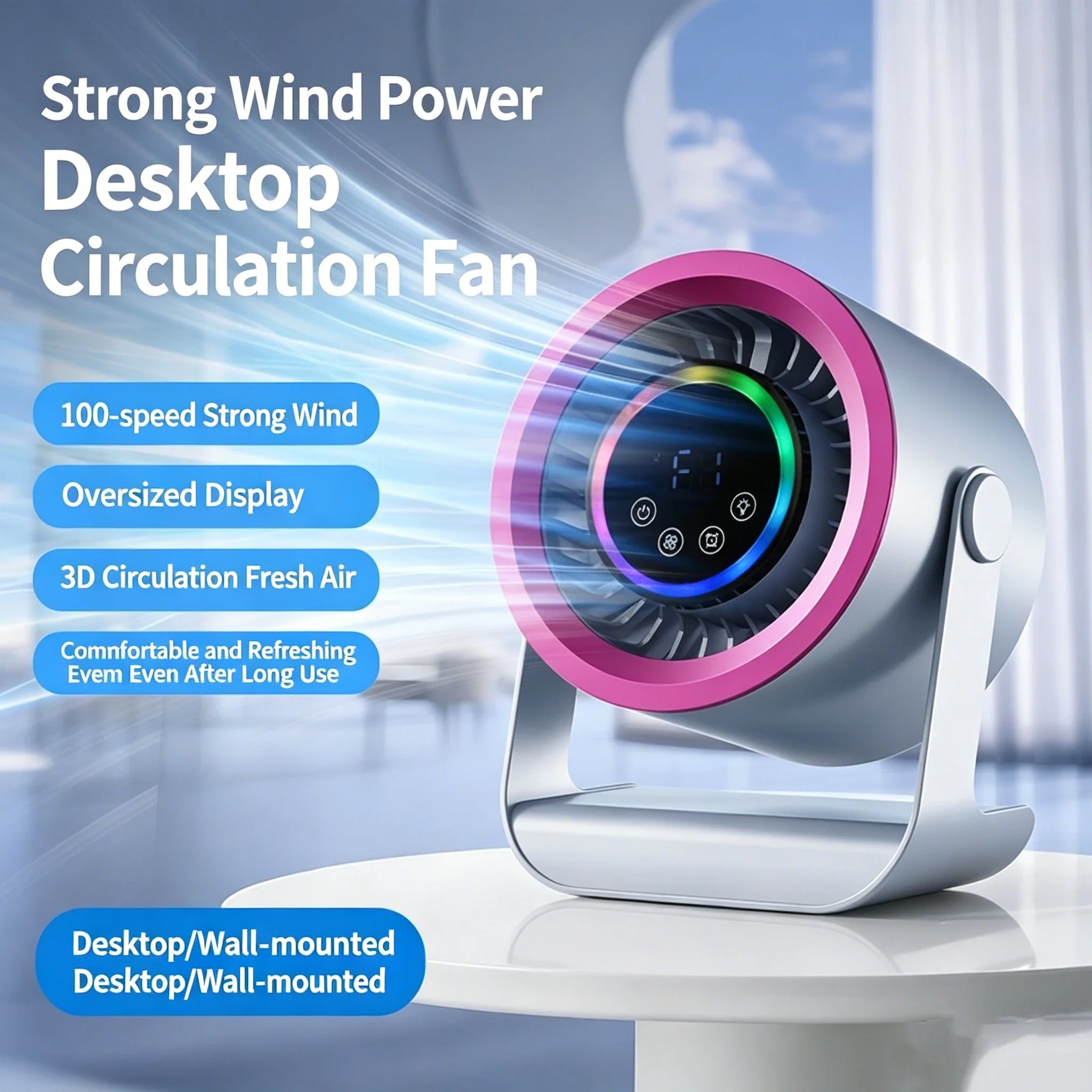 3600mAh Bureauventilator met 100 Snelheden en Digitale Display
