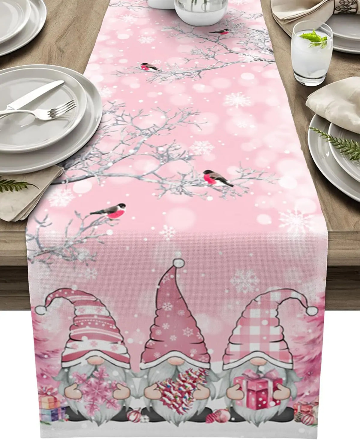 Christmas Kerst Tafelloper met Sneeuwkabouters – Luxe Linnen Kerstdecoratie