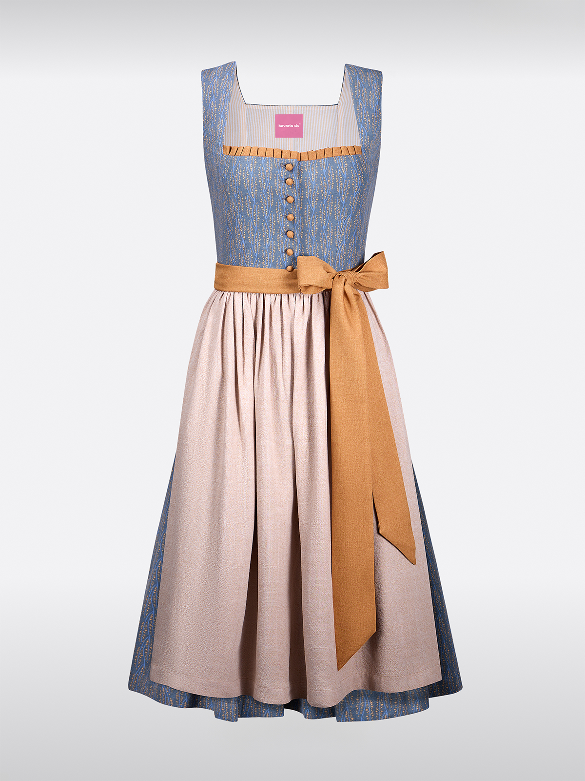 Blauwe Rechte Halslijn Met Knopen Bloemenpatroon Dirndl