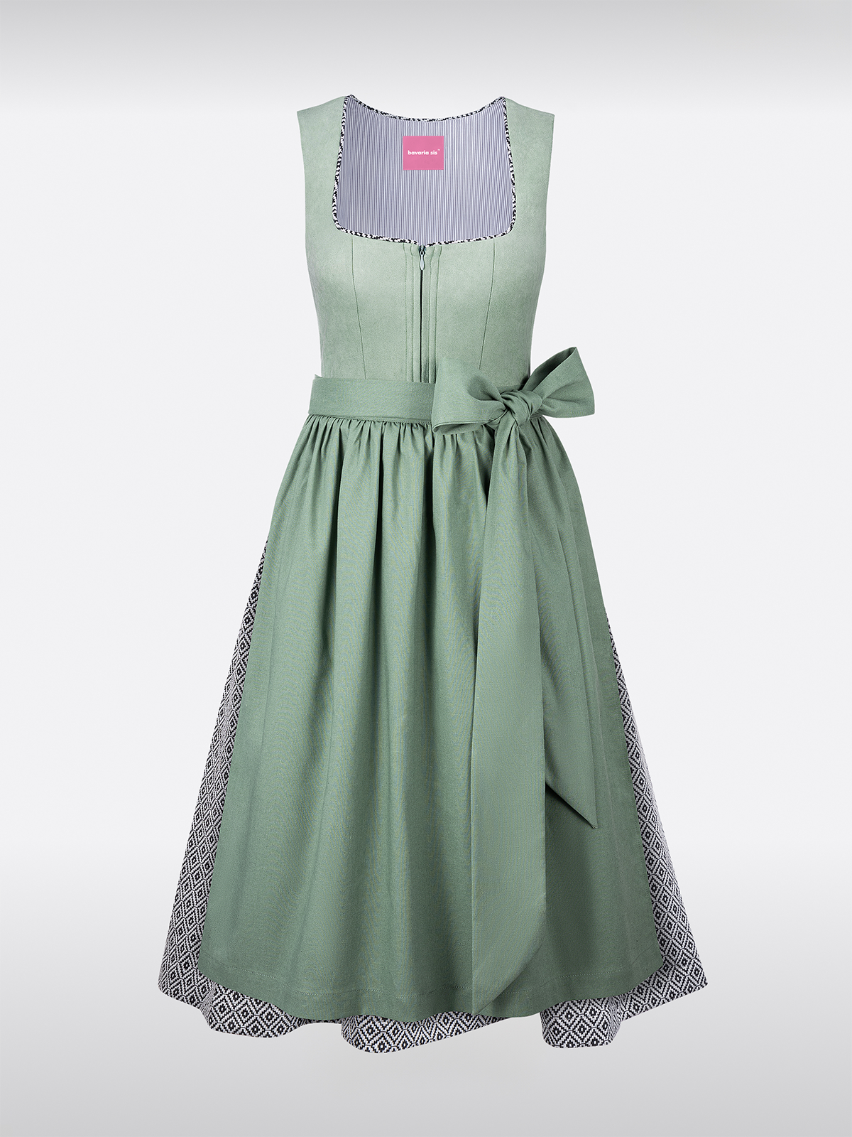 Groene Rechte Halslijn Rits Voorkant Gestructureerd Patroon Dirndl