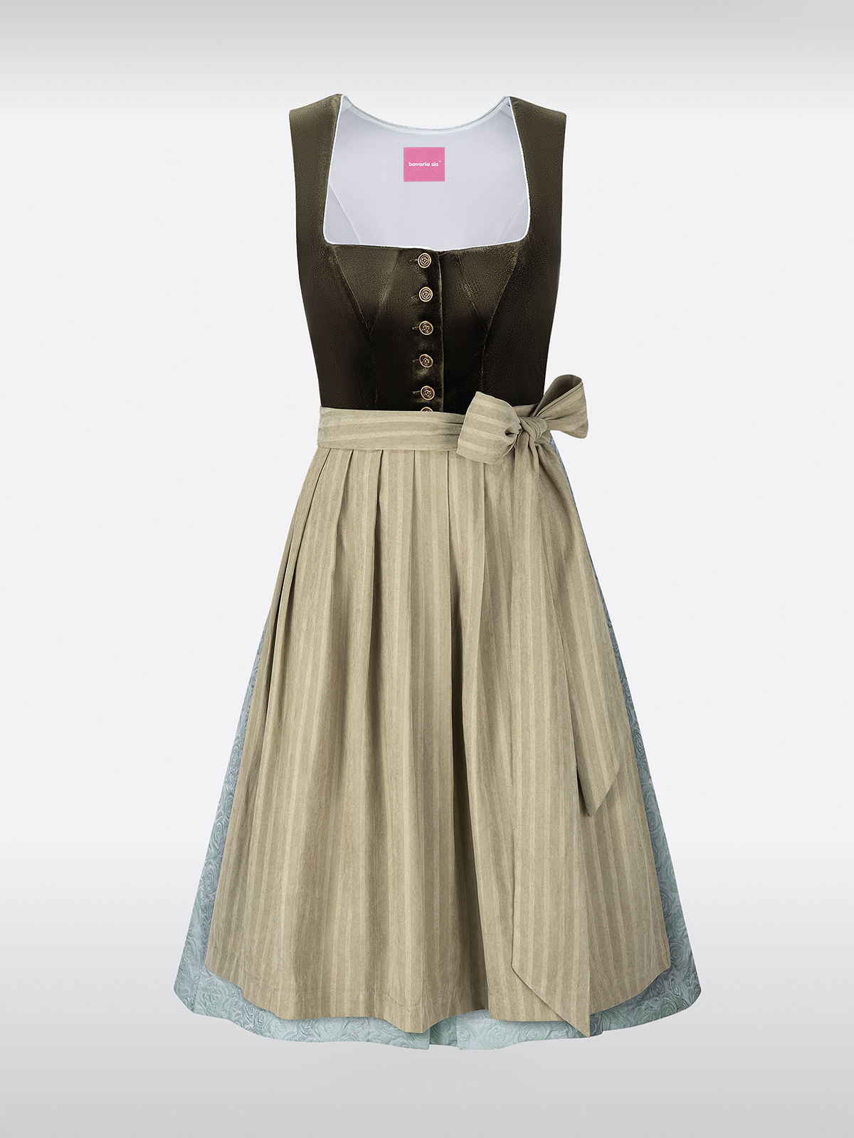 Samt Dirndl in Groen met Rechte Halslijn Knopen Bloemenpatroon