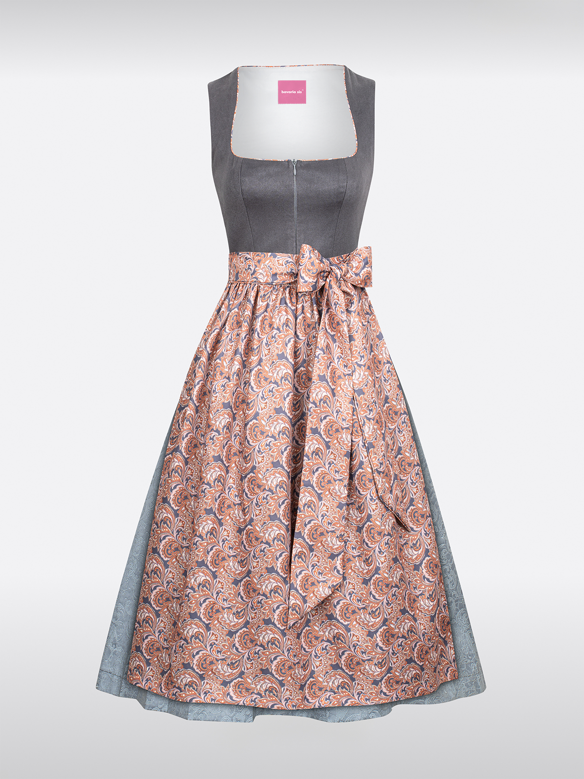 Grijze Rechte Halslijn Traditionele Dirndl met Suède Lijfje