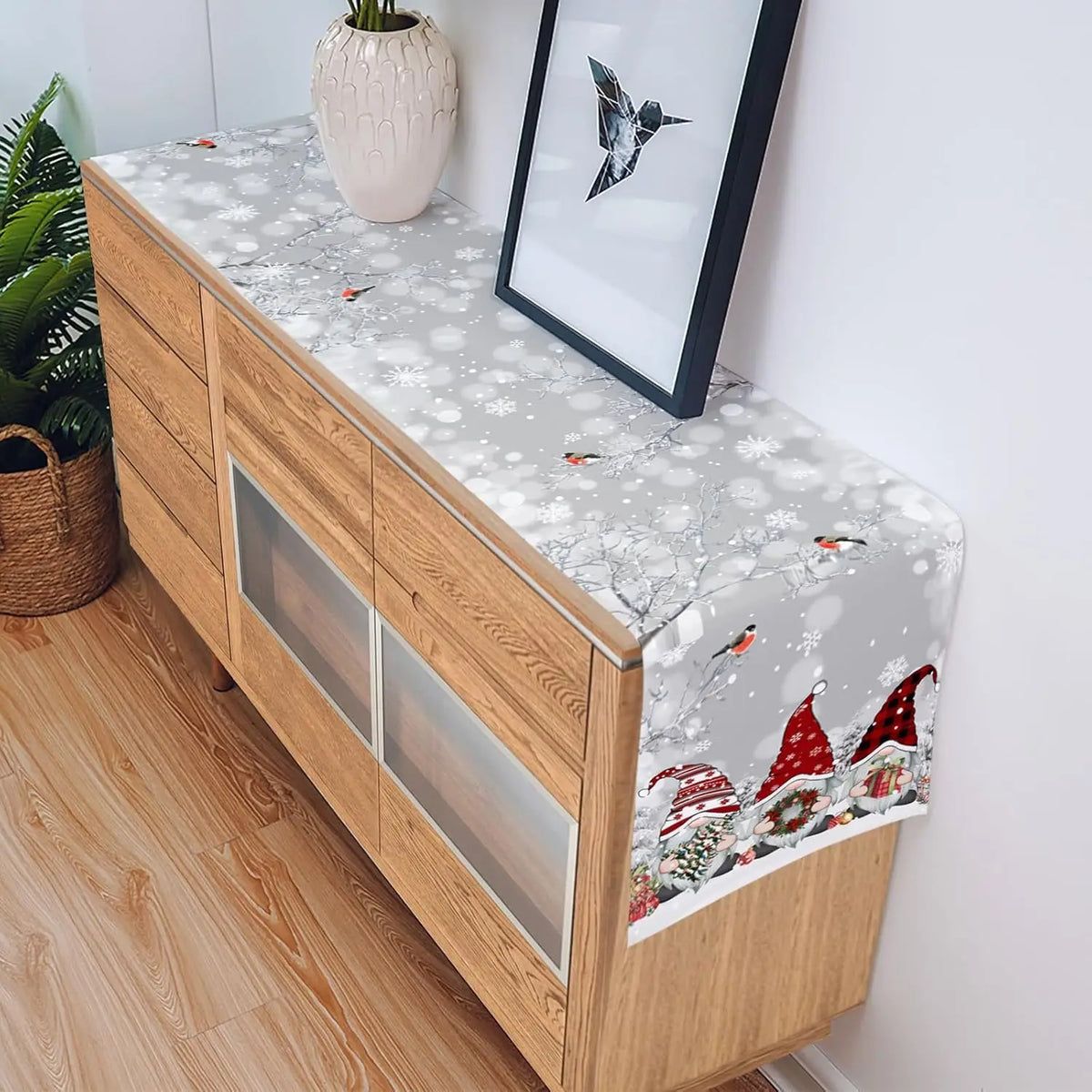 Christmas Kerst Tafelloper met Sneeuwkabouters – Luxe Linnen Kerstdecoratie