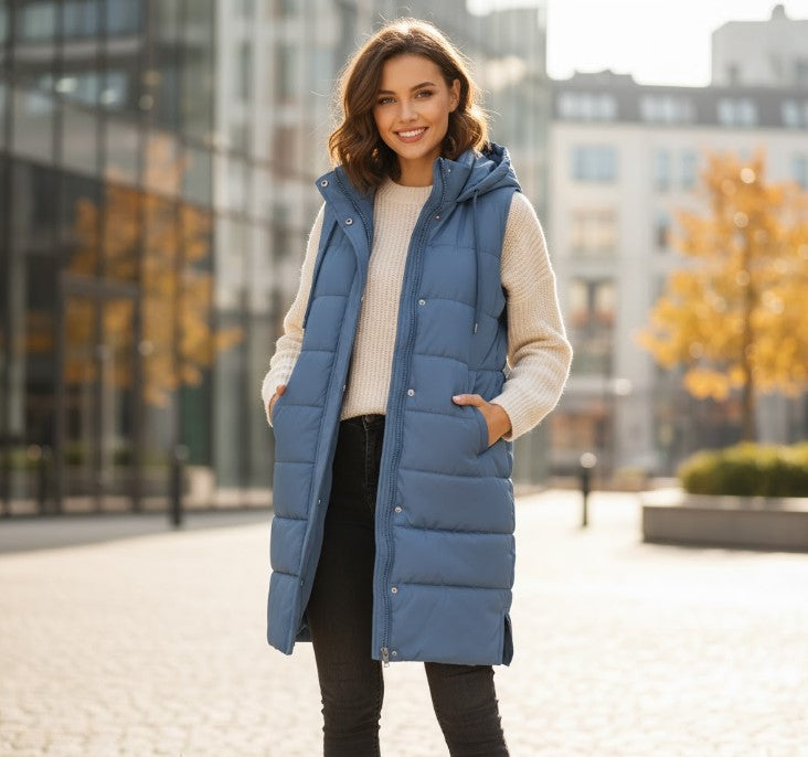Langer gestikte damesbodywarmer Merava – Stijlvolle knielange winterwester met rits en capuchon