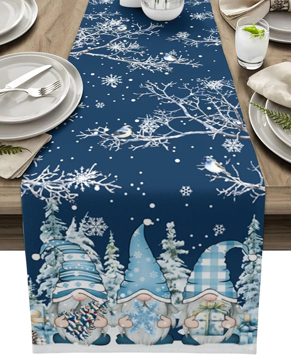 SchneeZwerg Kerst Tafelkleed – Luxe Linnen Tafelkleed met Sneeuwvlokken- en Dwergendesign