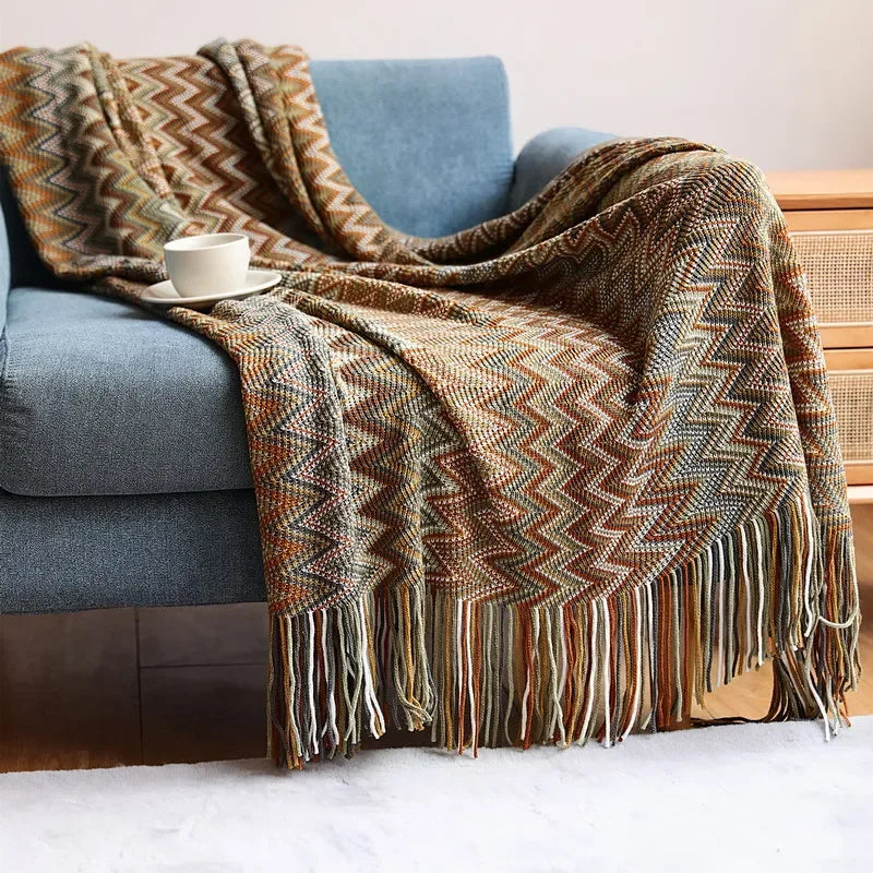 Boho Plaid met Franjes – Zachte Deken met Geometrisch Patroon in Warme Kleuren