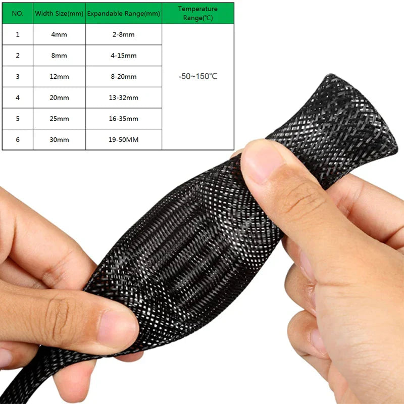 10M Zwarte Geïsoleerde Vlechtbuis - PET Draad Kabel Beschermslang, Vlamvertragende Nylonbuis - 4-30mm Strakke Kabeldoorvoer