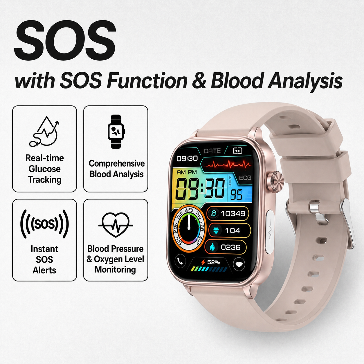 Smartwatch met SOS-noodalarm en valdetectie | Hartslag-, zuurstof- en activiteitsmeting | Bluetooth en waterdicht