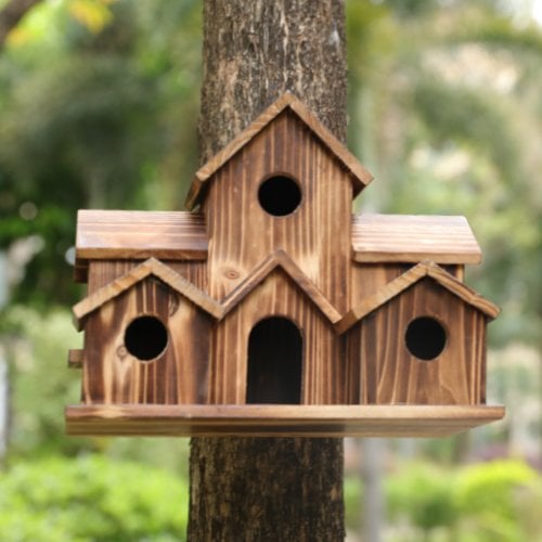 SongbirdHaven – Handgemaakt Vogelhuis van Hout met 6 Ingangen voor de Tuin