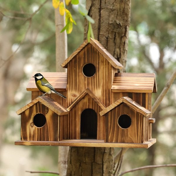 SongbirdHaven – Handgemaakt Vogelhuis van Hout met 6 Ingangen voor de Tuin