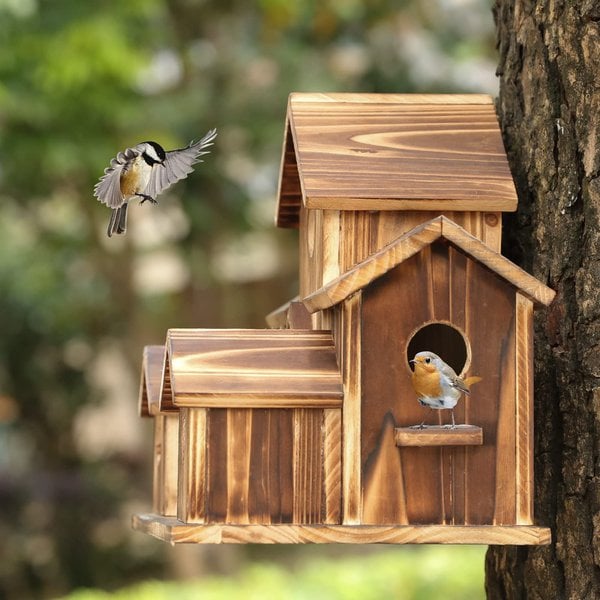 SongbirdHaven – Handgemaakt Vogelhuis van Hout met 6 Ingangen voor de Tuin
