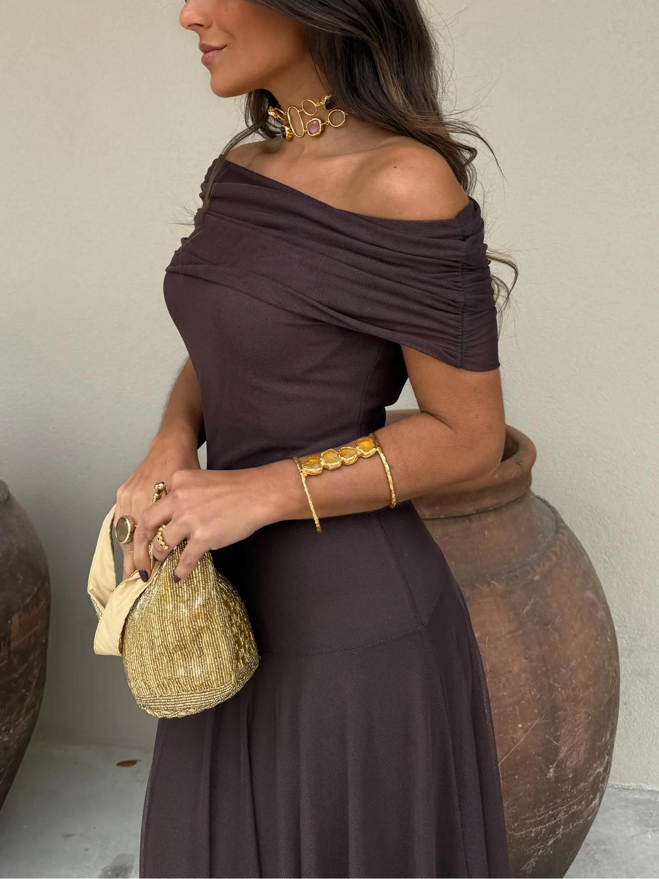 ChicVogue Off-Shoulder Maxikleed | Elegante Chiffonjurk voor moeiteloze stijl en draagcomfort