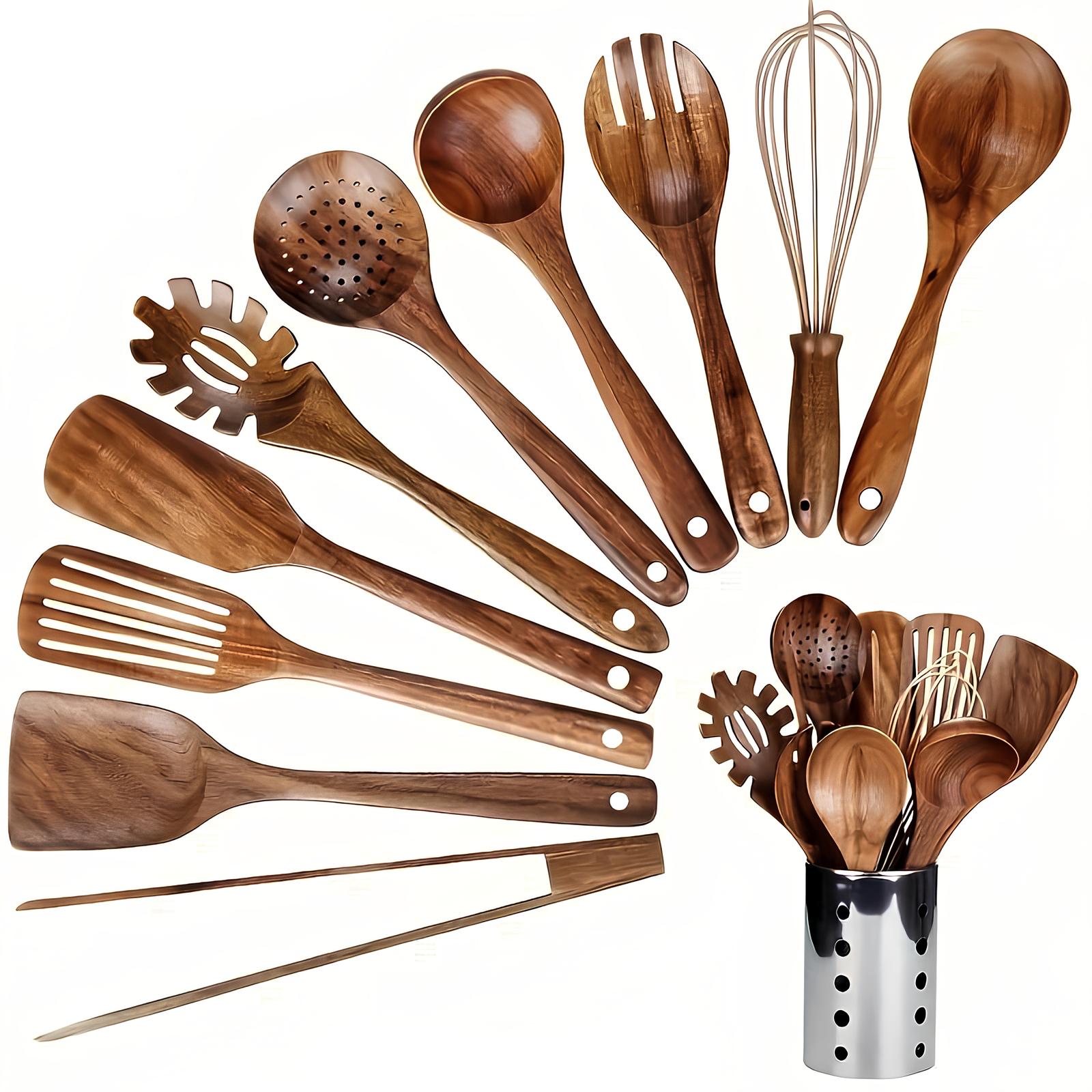 11-delig Teakhouten Keukenhulpmiddelen Set | Met Houder | Natuurhout