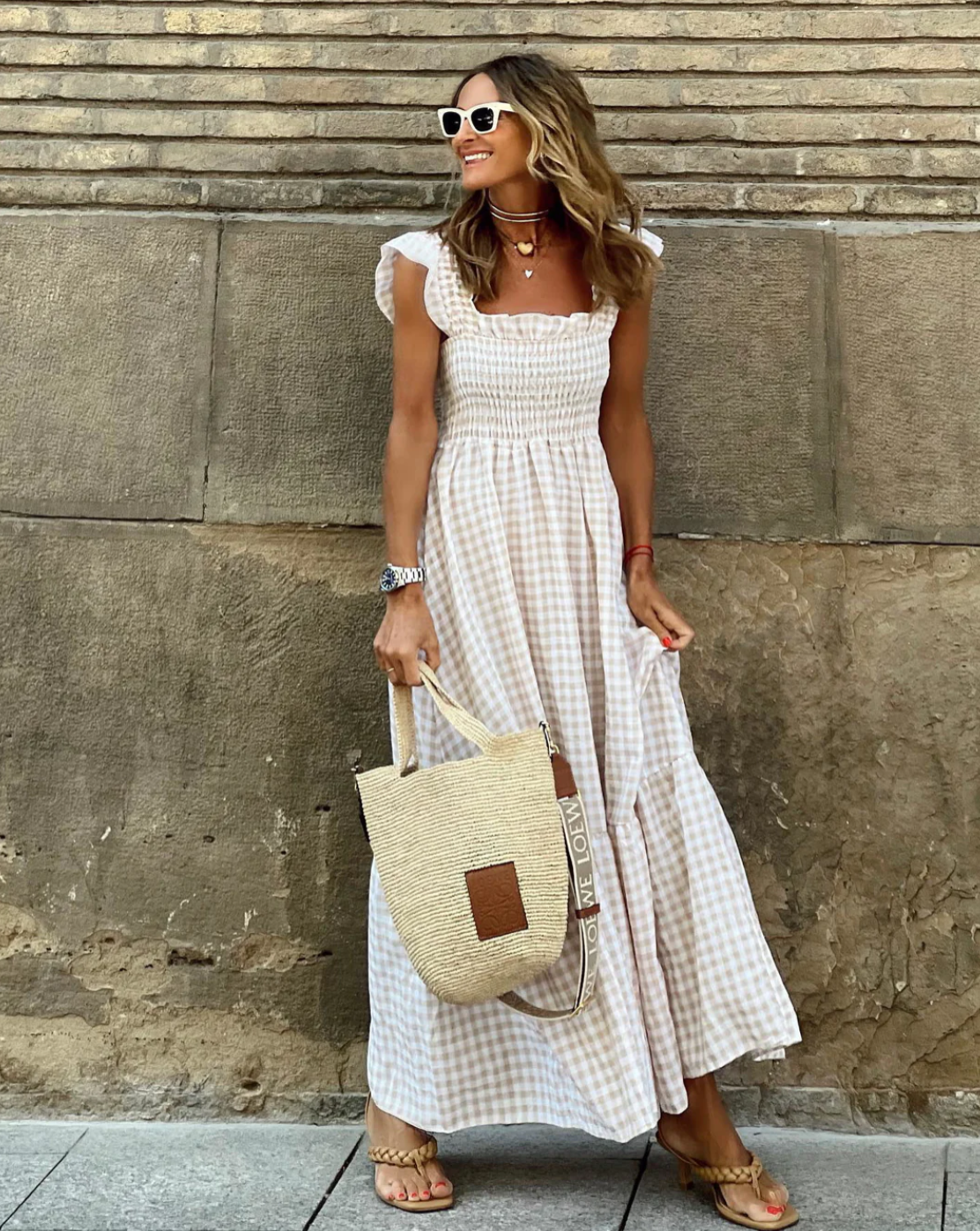 SunnyStyle Gingham-Maxikleed | Casual Zomer Elegantie met Ruches aan de Zoom