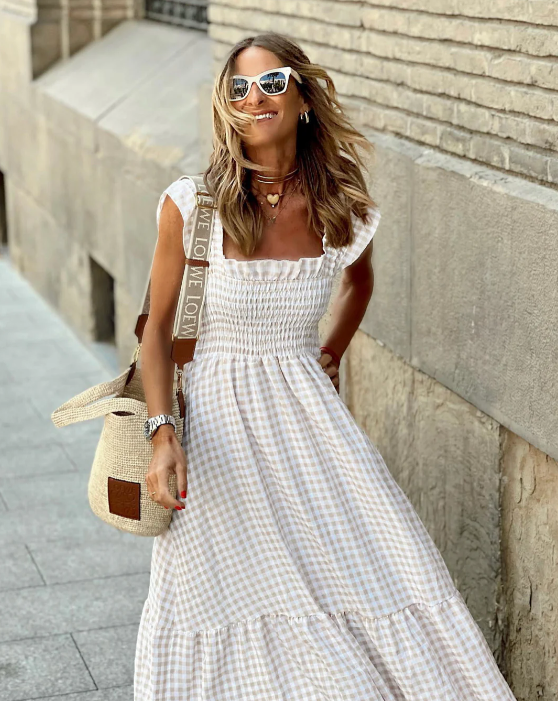 SunnyStyle Gingham-Maxikleed | Casual Zomer Elegantie met Ruches aan de Zoom