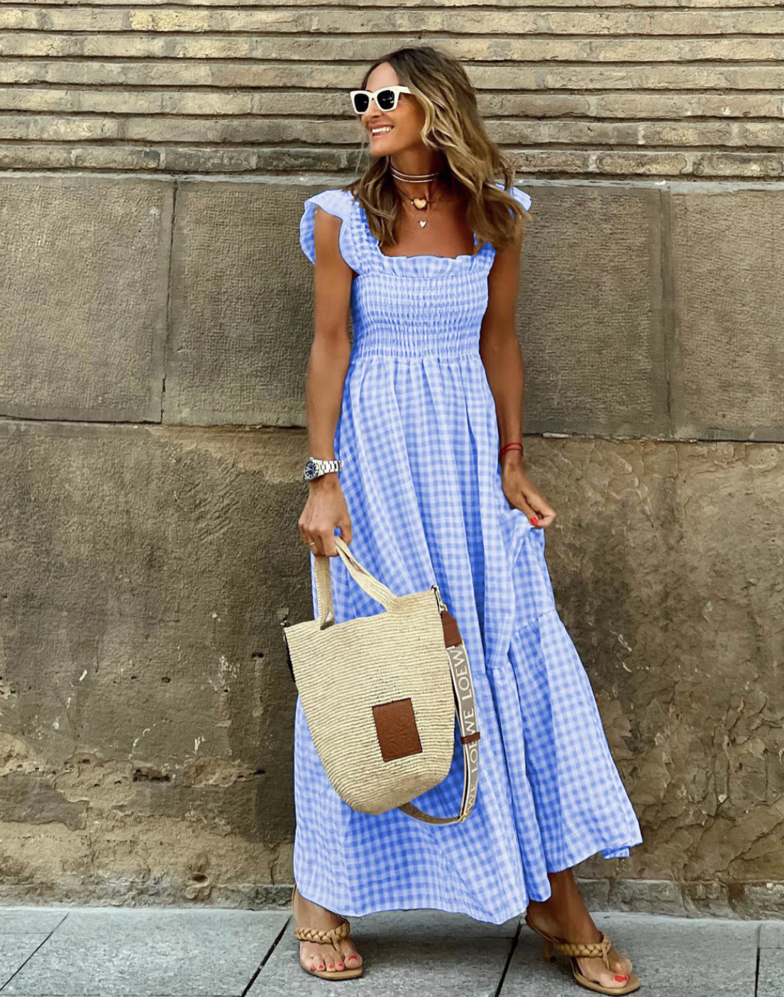 SunnyStyle Gingham-Maxikleed | Casual Zomer Elegantie met Ruches aan de Zoom