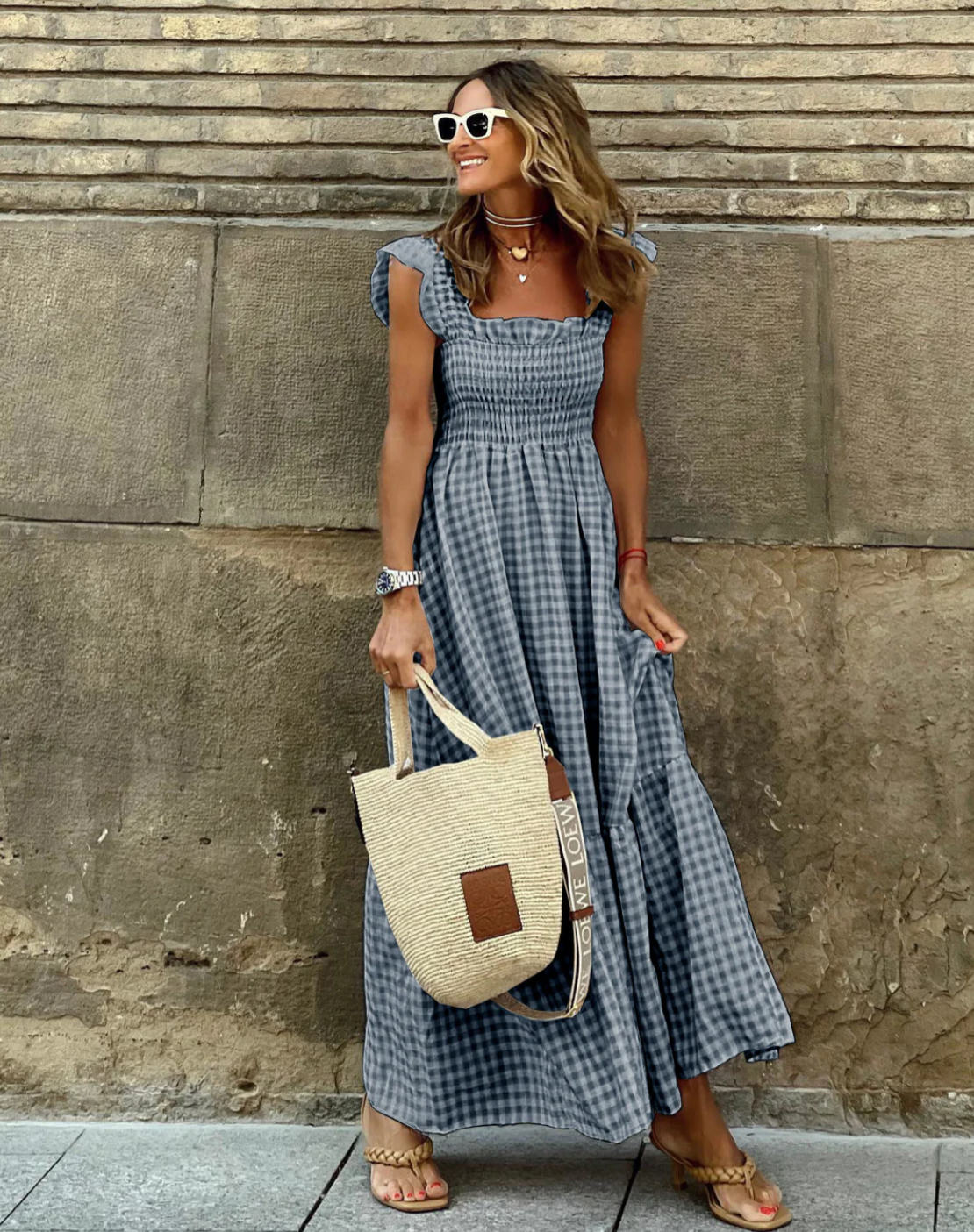 SunnyStyle Gingham-Maxikleed | Casual Zomer Elegantie met Ruches aan de Zoom