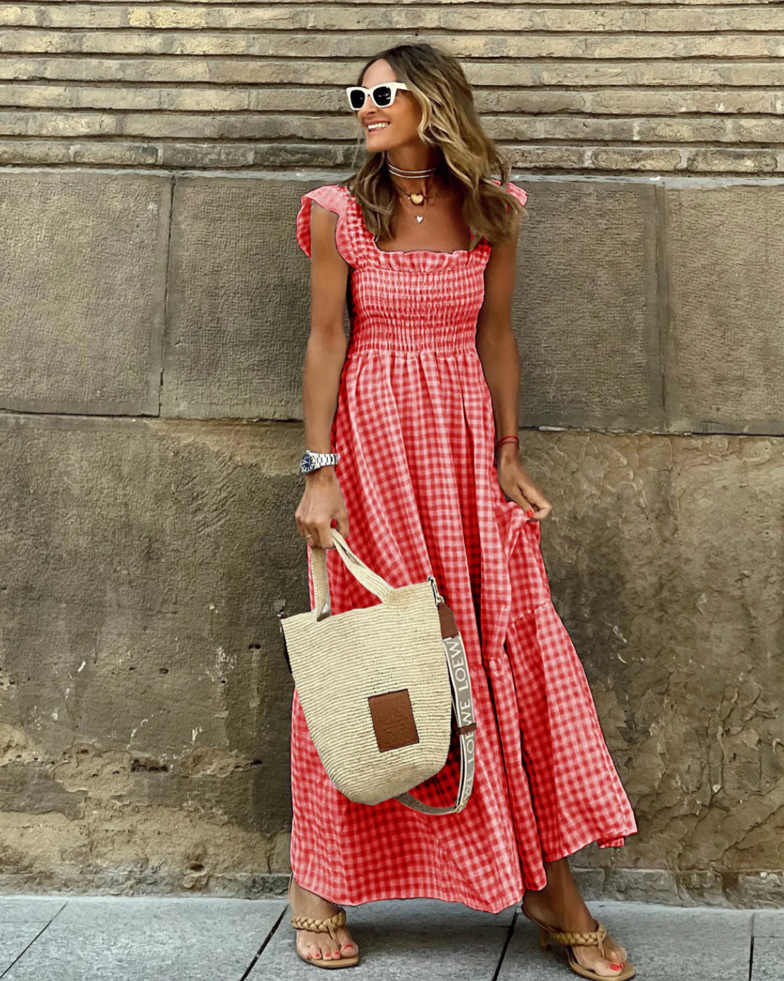 SunnyStyle Gingham-Maxikleed | Casual Zomer Elegantie met Ruches aan de Zoom