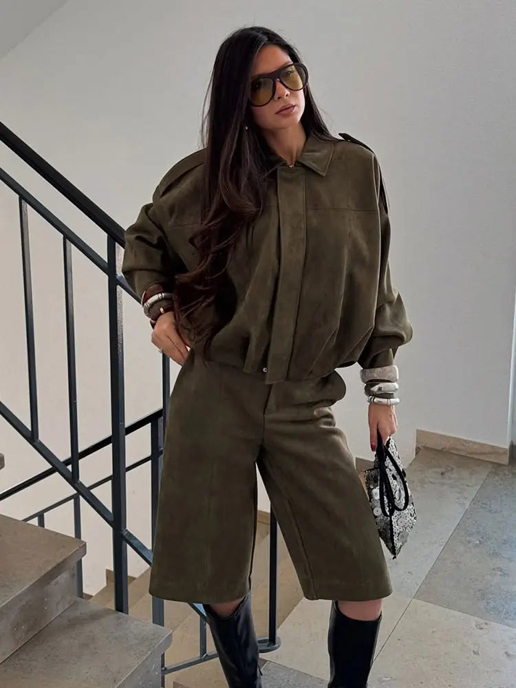 Stijlvolle Dames Suède Bomberjack – Bruin Groen Vintage Look