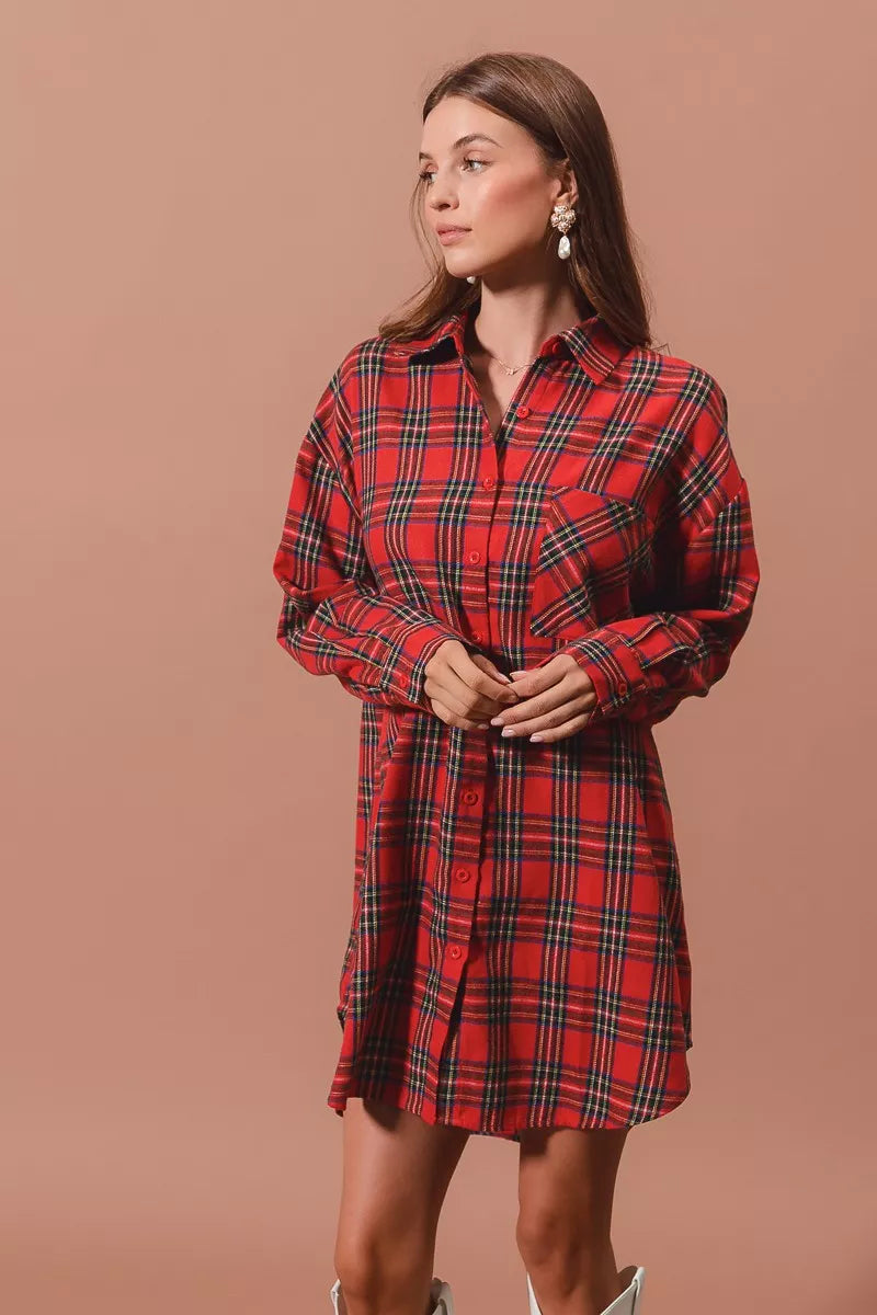 Rode Kerst Ruitpatroon Button-Up Oversized Hemdblusenkleed