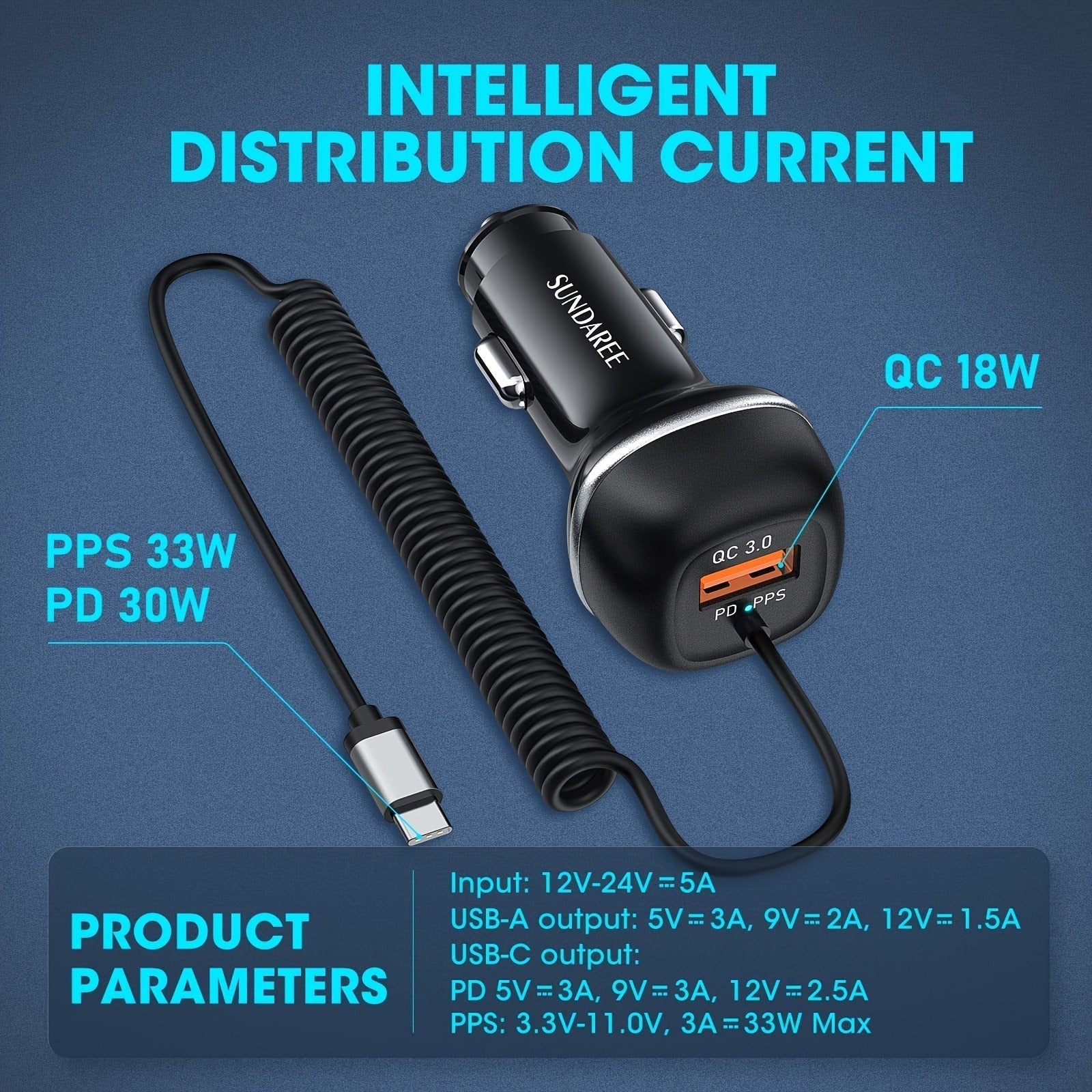Snelle USB-C Autolader met 51W Vermogen, 3 Poorten en QC 3.0 Technologie voor het Opladen van Meerdere Apparaten