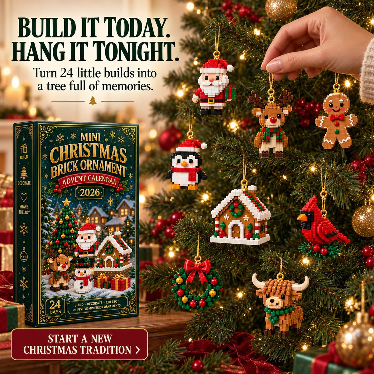 ⏳ Laatste dag om 49% te besparen – 🎄 24-Daagse Mini Kerst Ornament Advent Kalender | 24 unieke feestelijke bouwbare ontwerpen met hanglussen—perfect voor het versieren van kerstbomen, kransen en feestelijke displays 🧱
