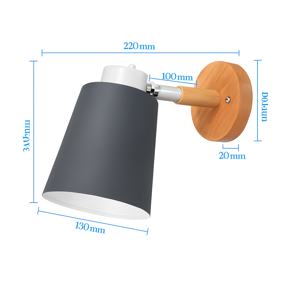Wandlamp LED met draaibare kap van metaal en houten bevestiging