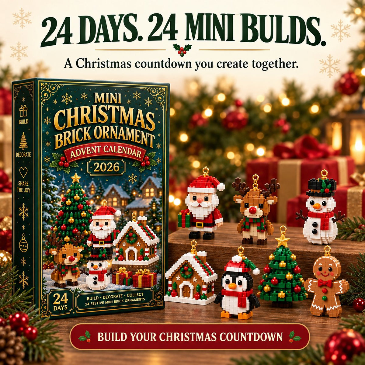 ⏳ Laatste dag om 49% te besparen – 🎄 24-Daagse Mini Kerst Ornament Advent Kalender | 24 unieke feestelijke bouwbare ontwerpen met hanglussen—perfect voor het versieren van kerstbomen, kransen en feestelijke displays 🧱