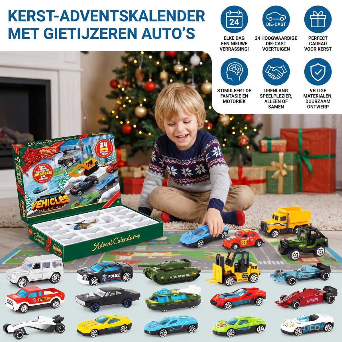 Kerst-adventskalender met gietijzeren auto's voor kinderen