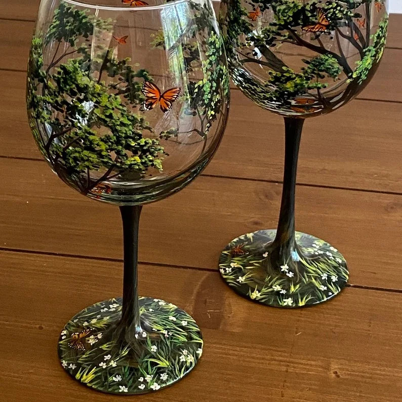 Four Seasons Tree Wijn Glazen - Handgeschilderde Kunst