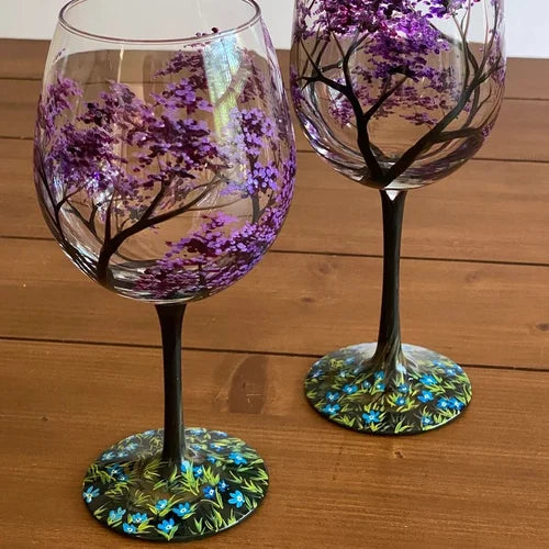 Four Seasons Tree Wijn Glazen - Handgeschilderde Kunst