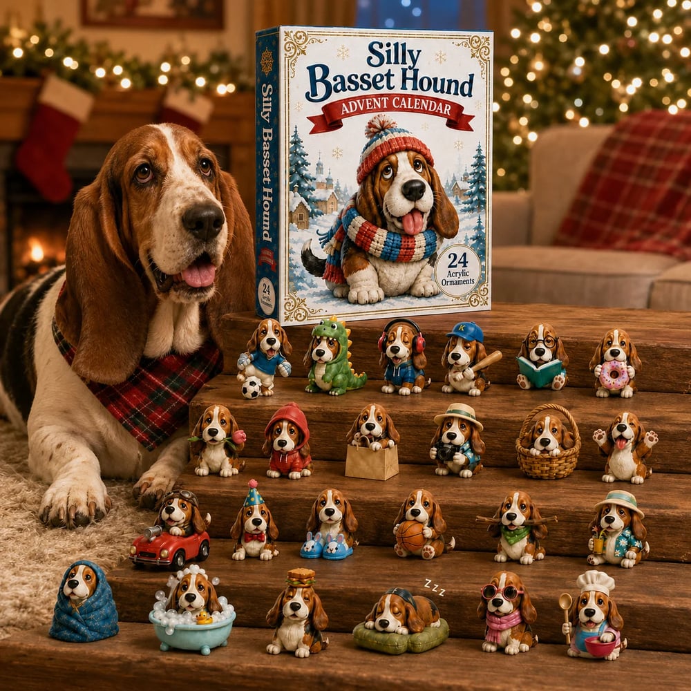 🔥🎁Dwaze Basset Hound Adventskalender 2026 - 24-Daagse Feestelijke Countdown
