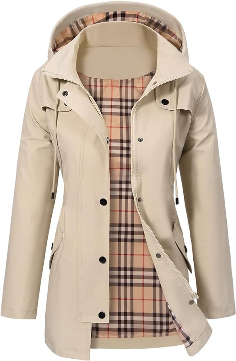 Dames Regenjas met Capuchon – Waterdicht met Geruite Fleecevoering