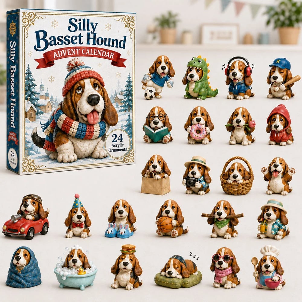 🔥🎁Dwaze Basset Hound Adventskalender 2026 - 24-Daagse Feestelijke Countdown