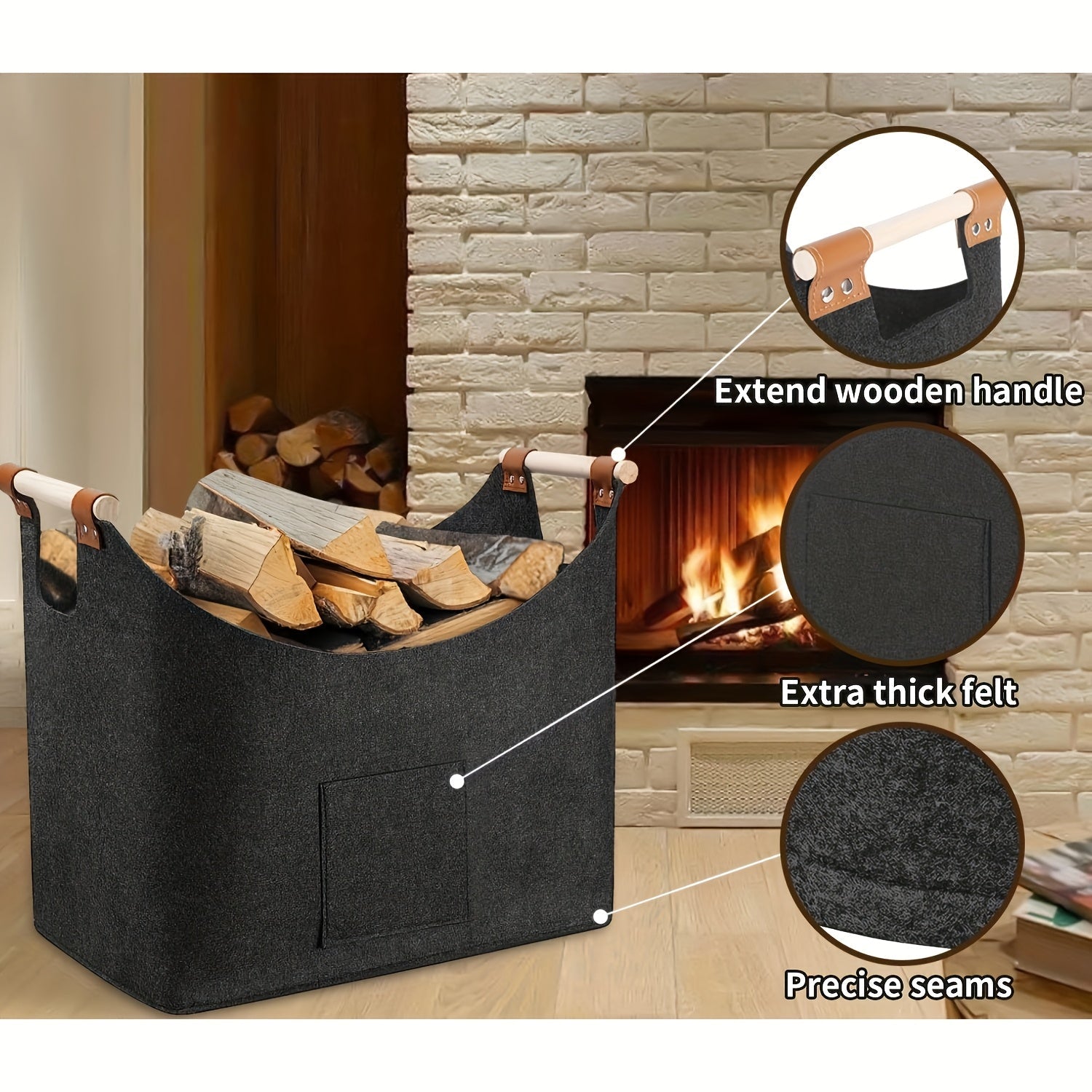 Feldura Opvouwbare Vilten Houtmand 55 liter met Houten Handvatten en Lederen Accenten, Donkergrijs