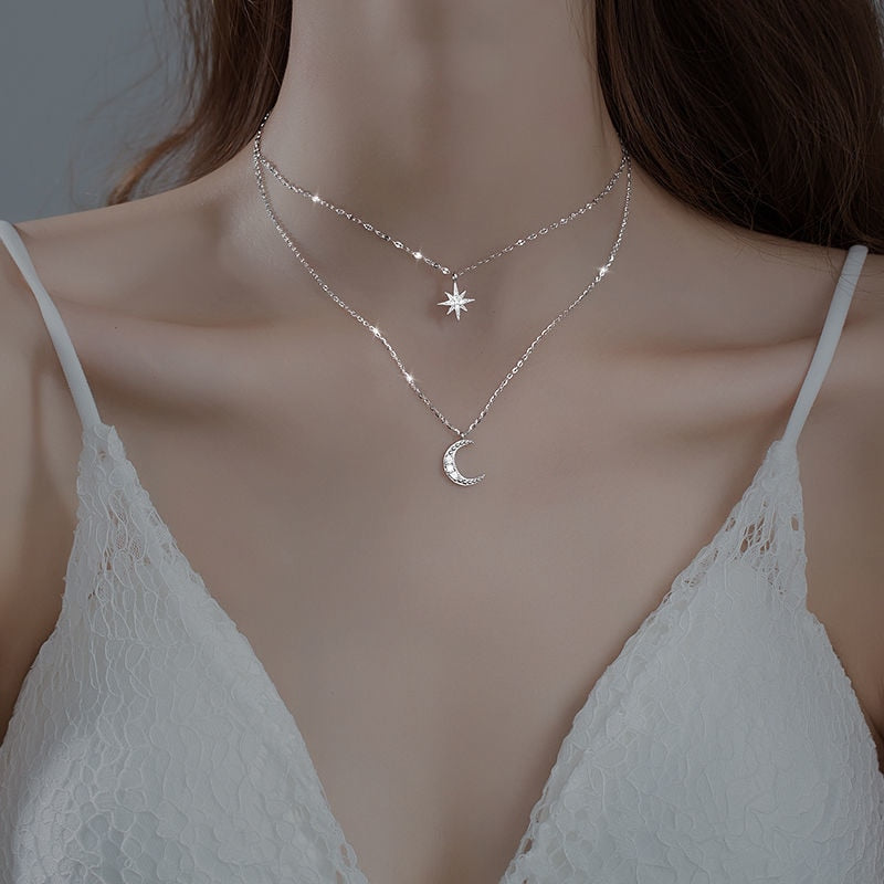 Doppelmond | Dubbele Halsketting Maan licht Zilver
