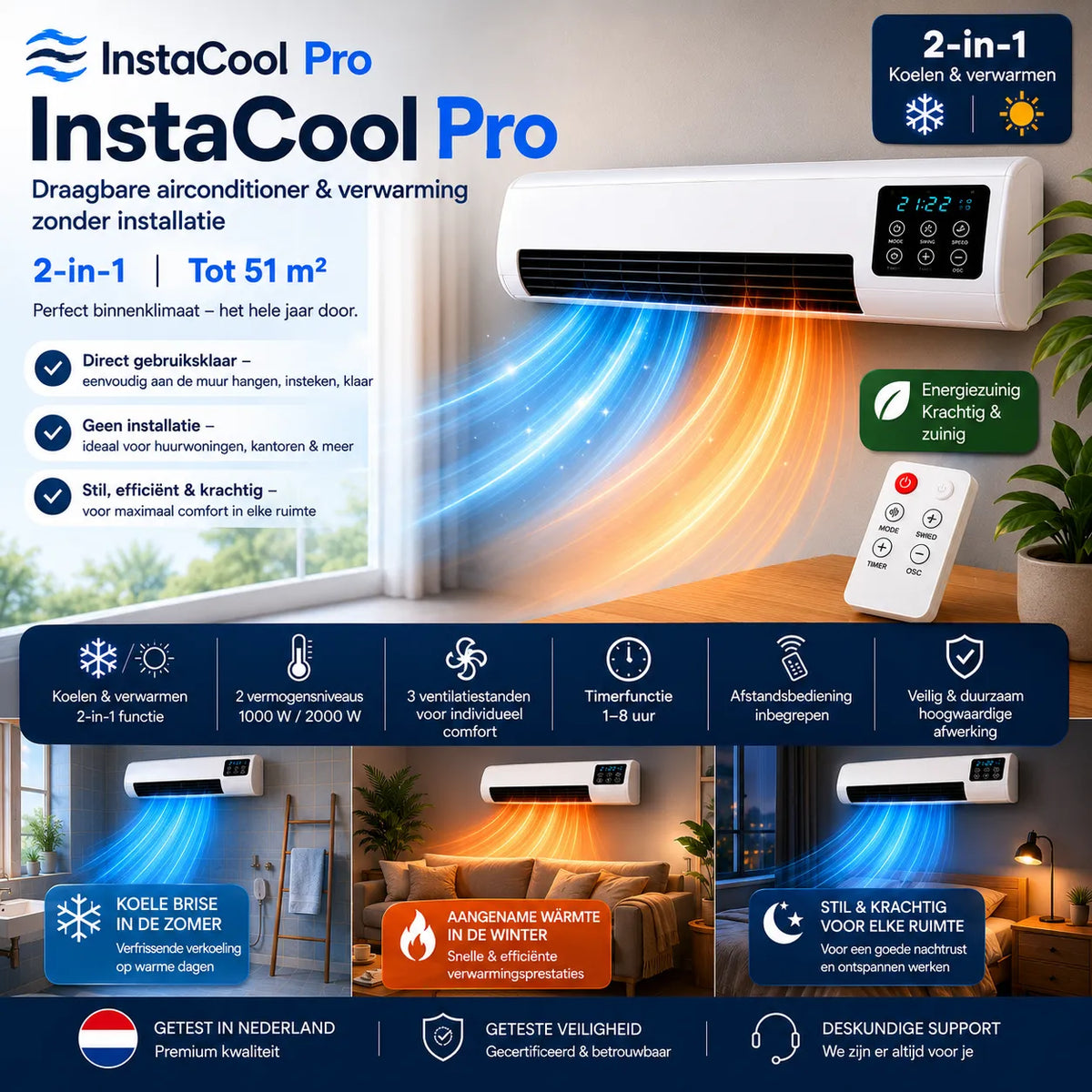 Mobiele Airco & Verwarming 2-in-1 – Zonder Installatie, tot 51 m²