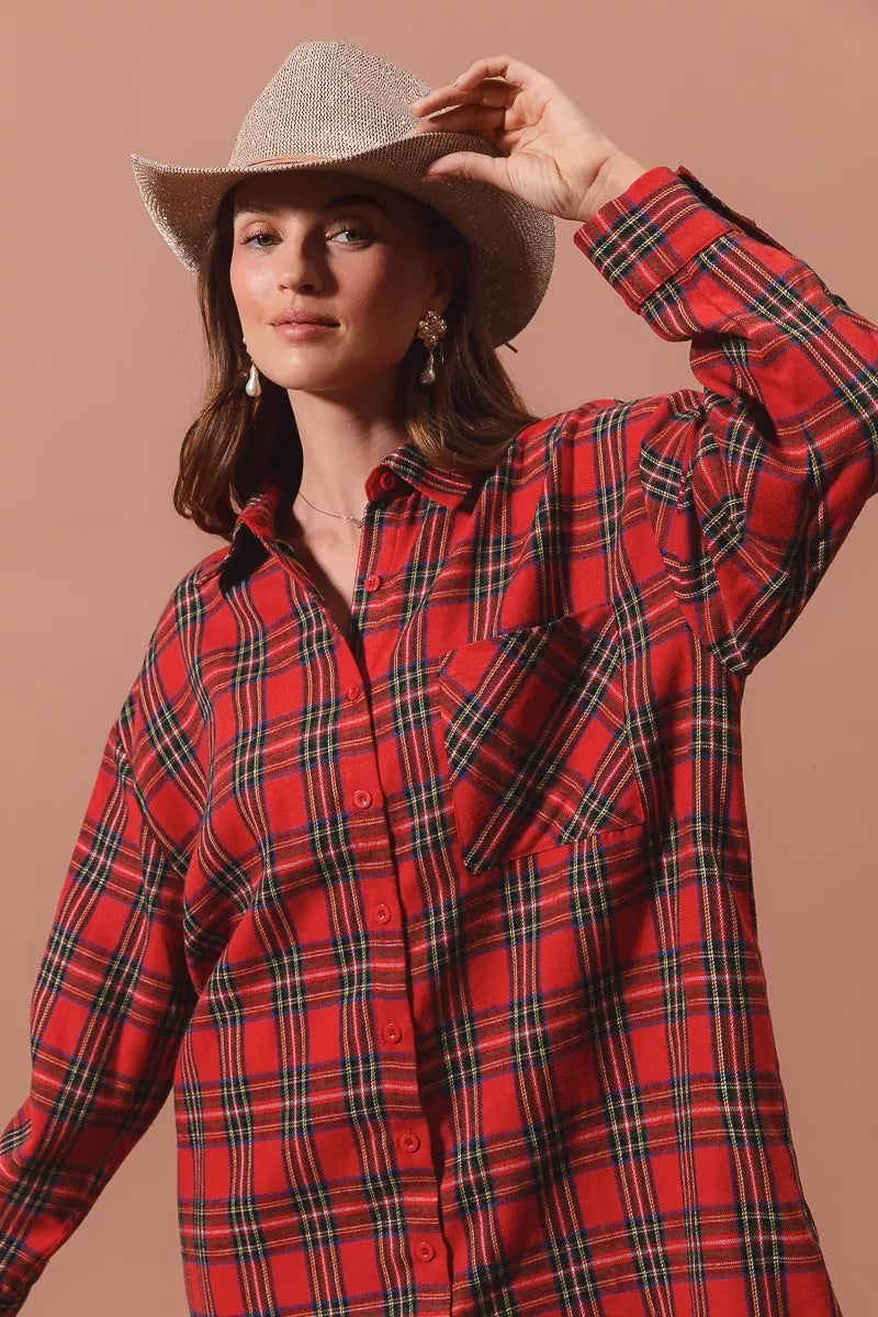 Rode Kerst Ruitpatroon Button-Up Oversized Hemdblusenkleed