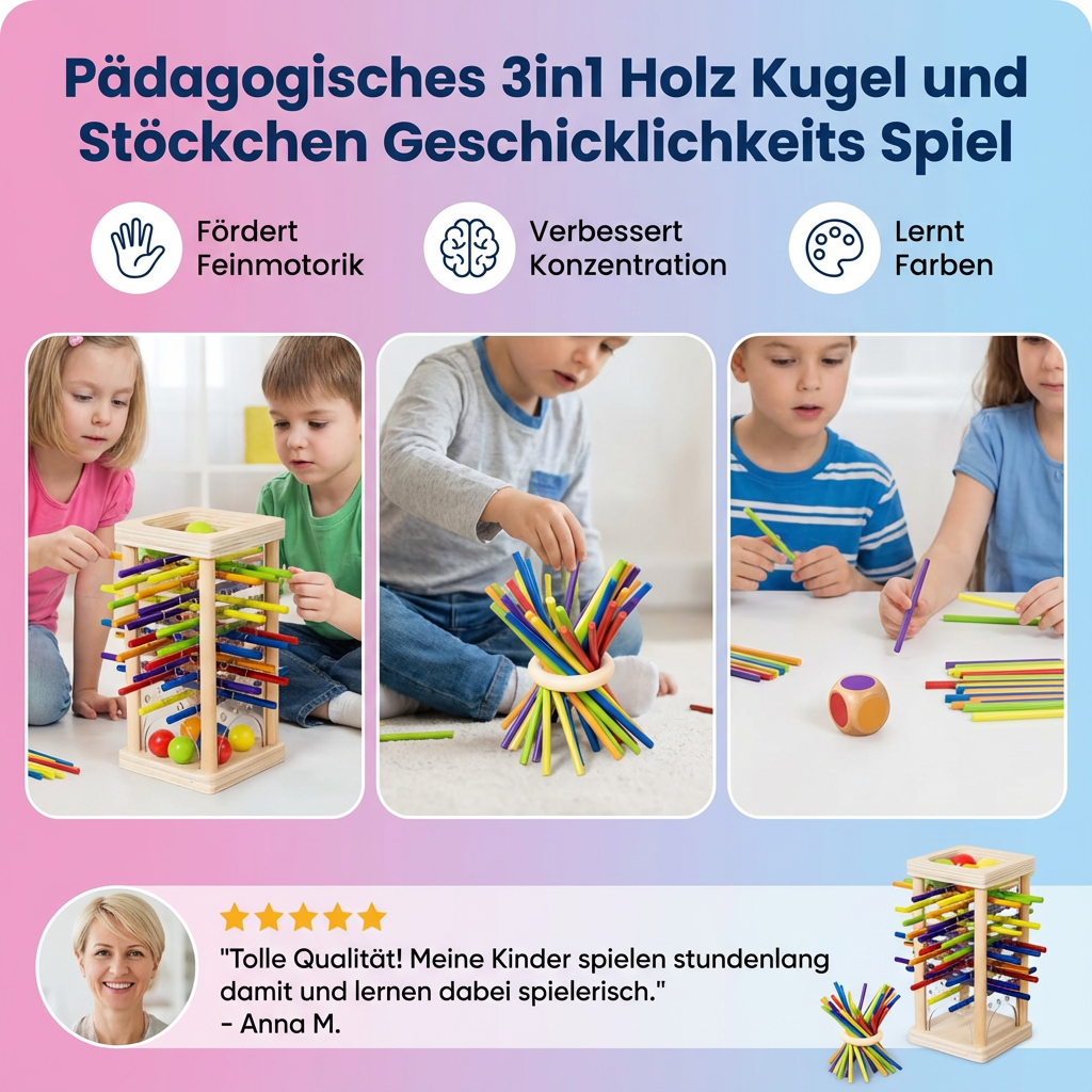 Pedagogisch 3in1 Houten Bal en Stokjes Behendigheidsspel