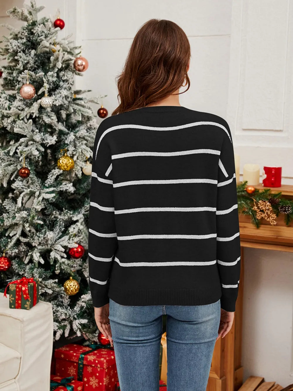 Pailletten-Kersttrui met gestreepte Santa – Groen, Rood & Zwart