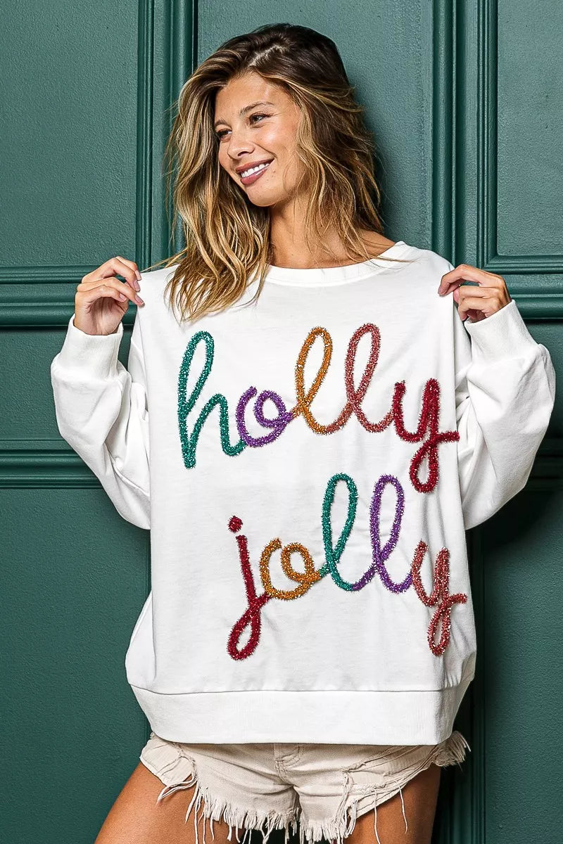 Witte “Holly Jolly” Pailletten-Beschrifting Kerst Sweatshirt