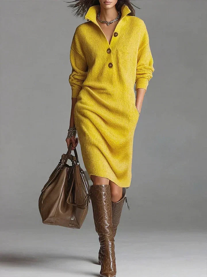 Helene | Dames Midi-jurk met knoopsluiting en ribstructuur