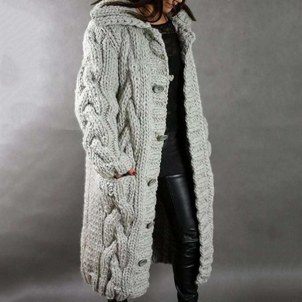 Breiwinterjacke Dames – Warme Jacke met Kapuze en Knopen