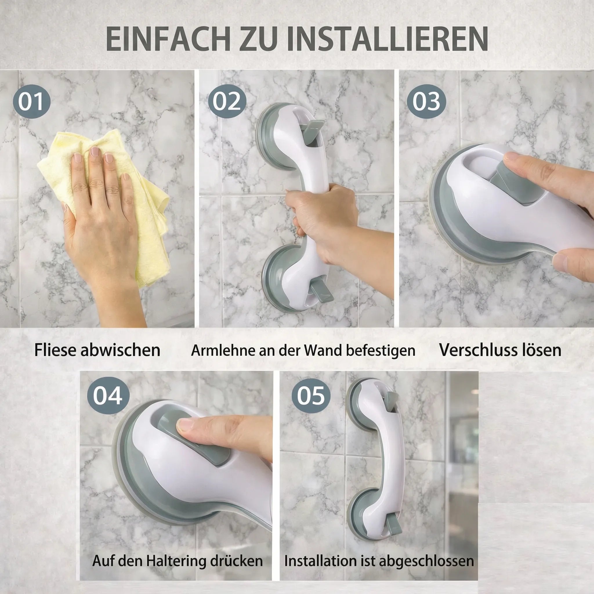 Steunhandgreep voor douche, bad of toilet met zuignap | Badhandgreep voor senioren zonder boren | GripSicher
